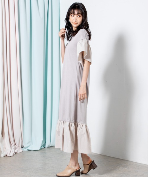 MILLION CARATS（ミリオンカラッツ）の「袖と裾を異素材で切り替え華やかなシルエットをつくる伸縮性のある綿混のカットソーワンピース（ワンピース・レディース・グレー/オフホワイト/ブラック・FREE）」の8枚目の写真