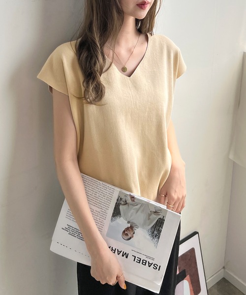 Futier land（フューティアランド）の「Vネックフレンチスリーブトップス（ニット/セーター・レディース・ホワイト/ライトパープル/ライトベージュ/ブラック/ブルー/ライトイエロー/グレイッシュベージュ/ライトピンク・MEDIUM/LARGE）」の18枚目の写真