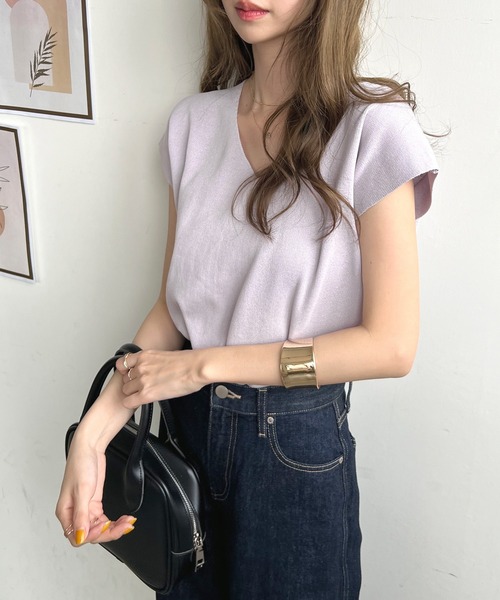 Futier land（フューティアランド）の「Vネックフレンチスリーブトップス（ニット/セーター・レディース・ホワイト/ライトパープル/ライトベージュ/ブラック/ブルー/ライトイエロー/グレイッシュベージュ/ライトピンク・MEDIUM/LARGE）」の19枚目の写真