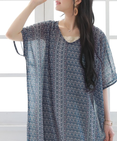 n'OrLABEL(ノアールレーベル)の「【廃盤】『プリントシアーチュニックワンピース』(ワンピース・レディース・ネイビー・FREE)」の6枚目の写真