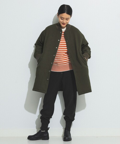 BEAMS BOY（ビームスボーイ）の「BEAMS BOY / ポリエステル バーシティ コート（ノーカラーコート・レディース・オリーブ/ネイビー・FREE）」の8枚目の写真