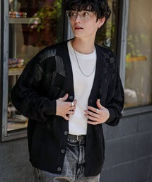 チェック透かし編みニットカーディガン