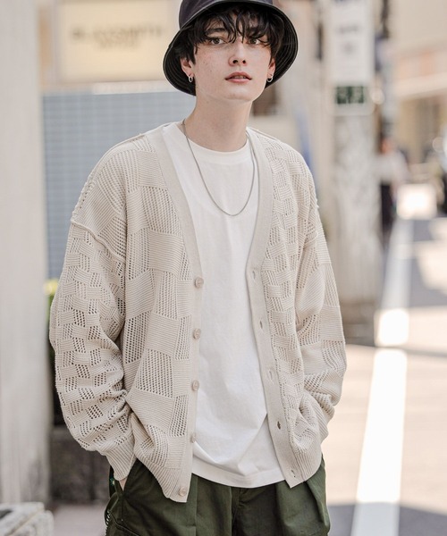 RAGEBLUE（レイジブルー）の「チェック透かし編みニットカーディガン