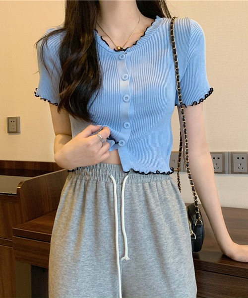 Lilamusant(リラミュゾン)の「★Lilamusant(リラミュゾン)★配色メロー半袖リブニットクロップドトップス(カーディガン/ボレロ・レディース・ホワイト/ピンク/ブルー/ブラック/アイボリー・FREE)」の12枚目の写真