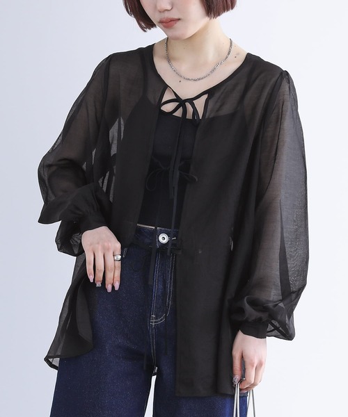 n'OrLABEL(ノアールレーベル)の「『前後2WAYリボンシアーブラウス』(シャツ/ブラウス・レディース・ライトグレー/ブラック/アイボリー・2/1)」の1枚目の写真