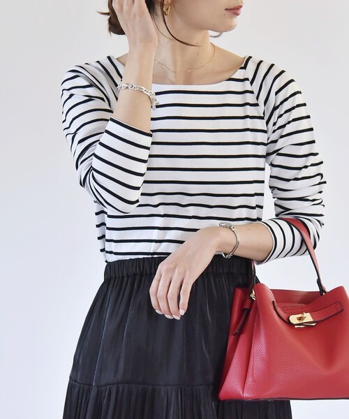 quaranciel（カランシエル）の「quaranciel:〈洗濯機可能〉ラウンドネック ボーダー カットソー（Tシャツ/カットソー・レディース・ブルー/ブラック/オフホワイト・ONE SIZE）」の8枚目の写真