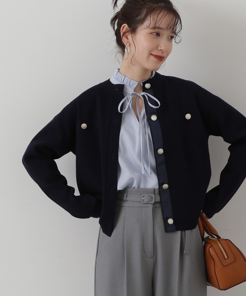 N.（N. Natural Beauty Basic）（エヌエヌナチュラルビューティーベーシック）の「◆総針ニットブルゾン（カーディガン/ボレロ・レディース・グリーン/オフホワイト/ネイビー・MEDIUM）」の3枚目の写真