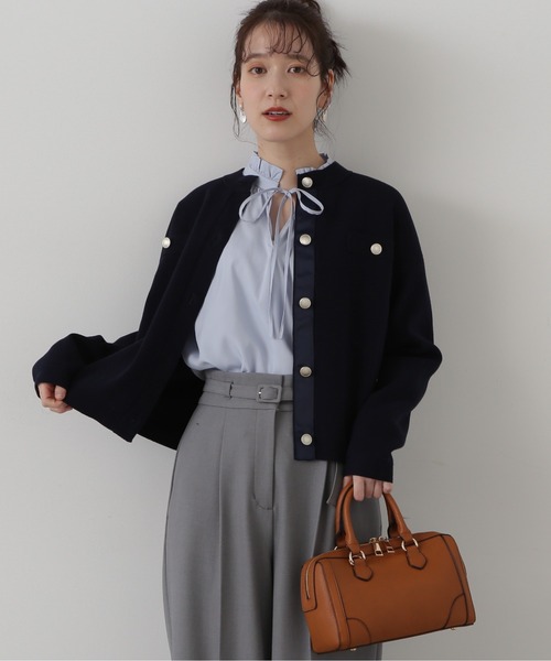 N.（N. Natural Beauty Basic）（エヌエヌナチュラルビューティーベーシック）の「◆総針ニットブルゾン（カーディガン/ボレロ・レディース・グリーン/オフホワイト/ネイビー・MEDIUM）」の14枚目の写真