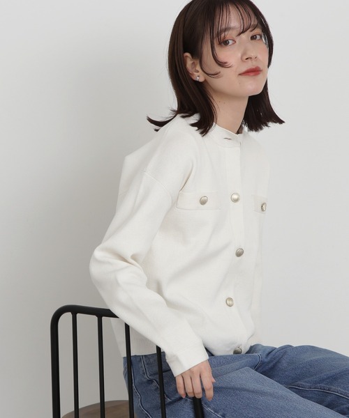 N.（N. Natural Beauty Basic）（エヌエヌナチュラルビューティーベーシック）の「◆総針ニットブルゾン（カーディガン/ボレロ・レディース・グリーン/オフホワイト/ネイビー・MEDIUM）」の4枚目の写真