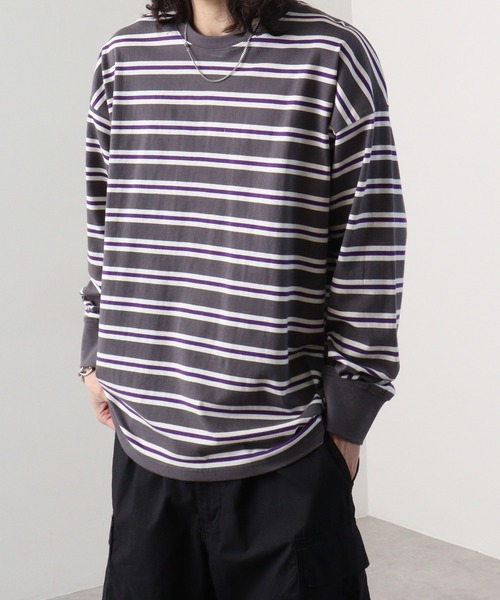 FUNALIVE（ファンアライブ）の「Classic multi-border T-shirt / ボーダーマルチボーダーロンT unisex（Tシャツ/カットソー・メンズ・ブラック/ベージュ/パープル/ネイビー/グリーン/チャコール・XL/L/M）」の3枚目の写真