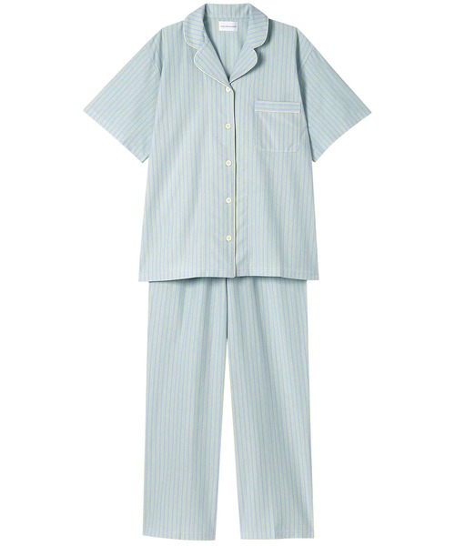 une nana cool(ウンナナクール)の「綿100% ハイゲージコットン天竺ストライプ 半袖パジャマ(ルームウェア/パジャマ・レディース・アイボリー/サックスブルー・M)」の2枚目の写真