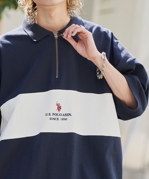 PUBLUX（パブリュクス）の「U.S. POLO ASSN./ユーエスポロアッスン 別注 ワンポイント刺繍 ハーフジップ切り替えTシャツ/ユニセックス(限定展開)（Tシャツ/カットソー・メンズ・ライトグレー/ブラック/ネイビー/グリーン/ブルー系その他/ブラック系その他/グレー系その他・SMALL/MEDIUM/LARGE）」の7枚目の写真