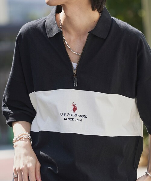 PUBLUX（パブリュクス）の「U.S. POLO ASSN./ユーエスポロアッスン 別注 ワンポイント刺繍 ハーフジップ切り替えTシャツ/ユニセックス(限定展開)（Tシャツ/カットソー・メンズ・ライトグレー/ブラック/ネイビー/グリーン/ブルー系その他/ブラック系その他/グレー系その他・SMALL/MEDIUM/LARGE）」の8枚目の写真