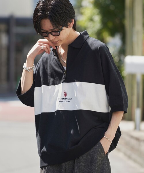 PUBLUX（パブリュクス）の「U.S. POLO ASSN./ユーエスポロアッスン 別注 ワンポイント刺繍 ハーフジップ切り替えTシャツ/ユニセックス(限定展開)（Tシャツ/カットソー・メンズ・ライトグレー/ブラック/ネイビー/グリーン/ブルー系その他/ブラック系その他/グレー系その他・SMALL/MEDIUM/LARGE）」の9枚目の写真