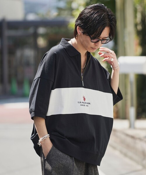PUBLUX（パブリュクス）の「U.S. POLO ASSN./ユーエスポロアッスン 別注 ワンポイント刺繍 ハーフジップ切り替えTシャツ/ユニセックス(限定展開)（Tシャツ/カットソー・メンズ・ライトグレー/ブラック/ネイビー/グリーン/ブルー系その他/ブラック系その他/グレー系その他・SMALL/MEDIUM/LARGE）」の11枚目の写真