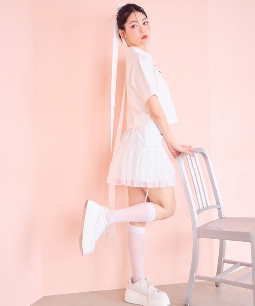 one after another NICE CLAUP（ワンアフターアナザーナイスクラップ）の「リボンシアーミニスカート（スカート・レディース・オフホワイト/チャコールグレー/ピンクベージュ・FREE）」の6枚目の写真