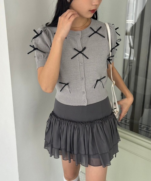 one after another NICE CLAUP（ワンアフターアナザーナイスクラップ）の「リボンシアーミニスカート（スカート・レディース・オフホワイト/チャコールグレー/ピンクベージュ・FREE）」の13枚目の写真