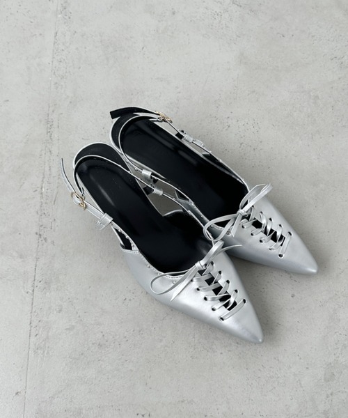 セール】ポインテッドトゥレースアップミュール（パンプス