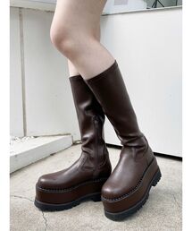 ムルーア厚底オープントゥニットブーツ 黒メッシュ エアプラットフォームオープントゥソックブーツ[品番