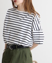 mitis 綿素材ボーダー柄 6分袖チュニック丈Tシャツ