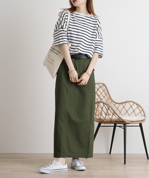 mitis（ミティス）の「mitis 綿素材ボーダー柄 6分袖チュニック丈Tシャツ（Tシャツ/カットソー・レディース・ブラック×ホワイト/ベージュ系/ホワイト×ネイビー・M）」の7枚目の写真