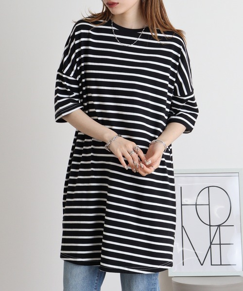 mitis（ミティス）の「mitis 綿素材ボーダー柄 6分袖チュニック丈Tシャツ（Tシャツ/カットソー・レディース・ブラック×ホワイト/ベージュ系/ホワイト×ネイビー・M）」の10枚目の写真