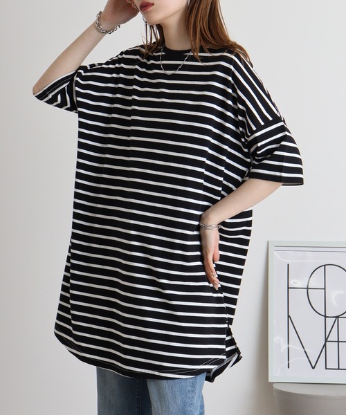 mitis（ミティス）の「mitis 綿素材ボーダー柄 6分袖チュニック丈Tシャツ（Tシャツ/カットソー・レディース・ブラック×ホワイト/ベージュ系/ホワイト×ネイビー・M）」の11枚目の写真