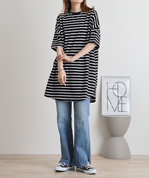 mitis（ミティス）の「mitis 綿素材ボーダー柄 6分袖チュニック丈Tシャツ（Tシャツ/カットソー・レディース・ブラック×ホワイト/ベージュ系/ホワイト×ネイビー・M）」の12枚目の写真