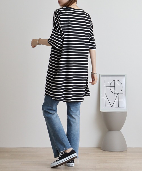 mitis（ミティス）の「mitis 綿素材ボーダー柄 6分袖チュニック丈Tシャツ（Tシャツ/カットソー・レディース・ブラック×ホワイト/ベージュ系/ホワイト×ネイビー・M）」の13枚目の写真