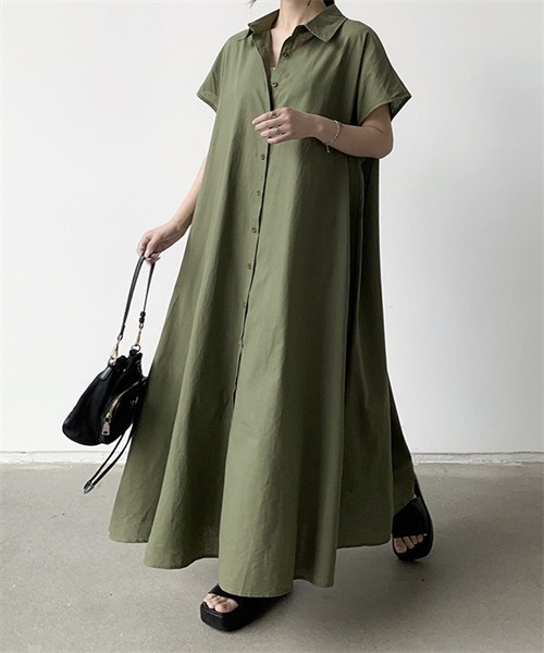 FREE STYLISTS（フリー スタイリスト）の「フレンチスリーブ　マキシ丈シャツワンピース（シャツワンピース・レディース・ベージュ/ネイビー/ブラウン系/カーキ・L/XL/2XL/S/M）」の3枚目の写真