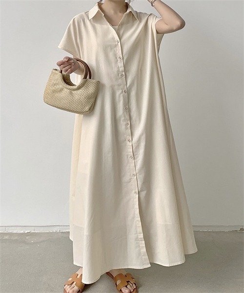 FREE STYLISTS（フリー スタイリスト）の「フレンチスリーブ　マキシ丈シャツワンピース（シャツワンピース・レディース・ベージュ/ネイビー/ブラウン系/カーキ・L/XL/2XL/S/M）」の8枚目の写真