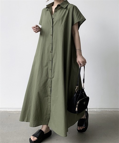 FREE STYLISTS（フリー スタイリスト）の「フレンチスリーブ　マキシ丈シャツワンピース（シャツワンピース・レディース・ベージュ/ネイビー/ブラウン系/カーキ・L/XL/2XL/S/M）」の20枚目の写真