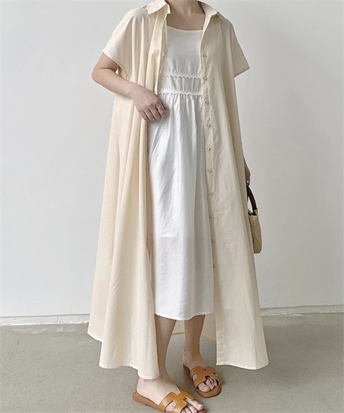 FREE STYLISTS（フリー スタイリスト）の「フレンチスリーブ　マキシ丈シャツワンピース（シャツワンピース・レディース・ベージュ/ネイビー/ブラウン系/カーキ・L/XL/2XL/S/M）」の13枚目の写真