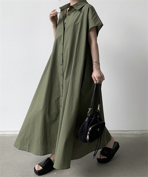 FREE STYLISTS（フリー スタイリスト）の「フレンチスリーブ　マキシ丈シャツワンピース（シャツワンピース・レディース・ベージュ/ネイビー/ブラウン系/カーキ・L/XL/2XL/S/M）」の21枚目の写真