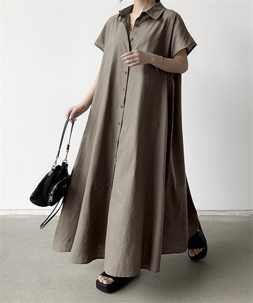 FREE STYLISTS（フリー スタイリスト）の「フレンチスリーブ　マキシ丈シャツワンピース（シャツワンピース・レディース・ベージュ/ネイビー/ブラウン系/カーキ・L/XL/2XL/S/M）」の5枚目の写真