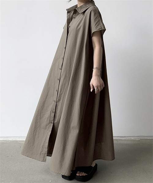 FREE STYLISTS（フリー スタイリスト）の「フレンチスリーブ　マキシ丈シャツワンピース（シャツワンピース・レディース・ベージュ/ネイビー/ブラウン系/カーキ・L/XL/2XL/S/M）」の6枚目の写真