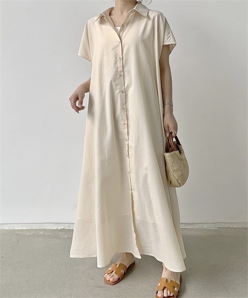 FREE STYLISTS（フリー スタイリスト）の「フレンチスリーブ　マキシ丈シャツワンピース（シャツワンピース・レディース・ベージュ/ネイビー/ブラウン系/カーキ・L/XL/2XL/S/M）」の9枚目の写真