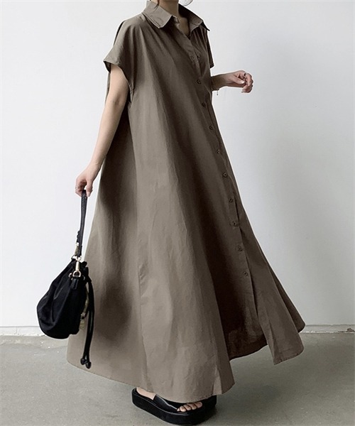 FREE STYLISTS（フリー スタイリスト）の「フレンチスリーブ　マキシ丈シャツワンピース（シャツワンピース・レディース・ベージュ/ネイビー/ブラウン系/カーキ・L/XL/2XL/S/M）」の7枚目の写真