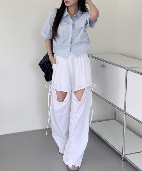 VIVID LADY(ビビッドレディー)の「サイドリボン半袖シャツブラウス レディース トップス(シャツ/ブラウス・レディース・アイボリー/スカイブルー・FREE)」の21枚目の写真