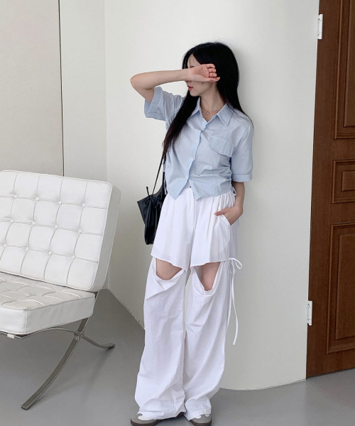 VIVID LADY(ビビッドレディー)の「サイドリボン半袖シャツブラウス レディース トップス(シャツ/ブラウス・レディース・アイボリー/スカイブルー・FREE)」の20枚目の写真