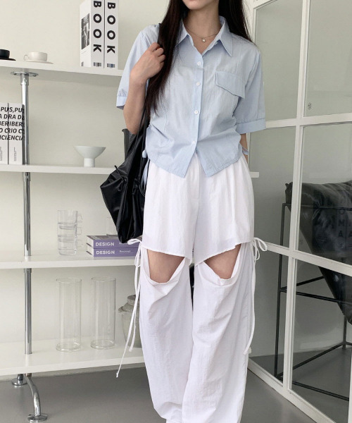 VIVID LADY(ビビッドレディー)の「サイドリボン半袖シャツブラウス レディース トップス(シャツ/ブラウス・レディース・アイボリー/スカイブルー・FREE)」の15枚目の写真