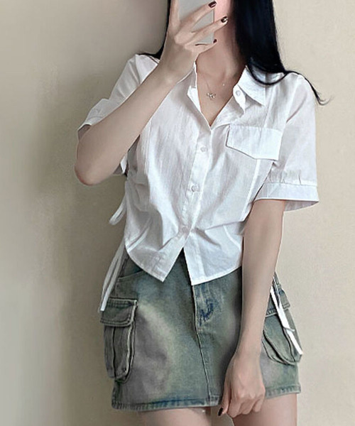VIVID LADY(ビビッドレディー)の「サイドリボン半袖シャツブラウス レディース トップス(シャツ/ブラウス・レディース・アイボリー/スカイブルー・FREE)」の10枚目の写真
