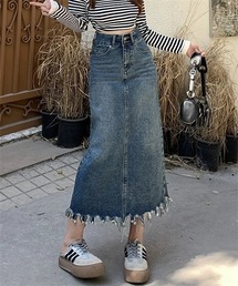 バックスリット フリンジデニムスカート