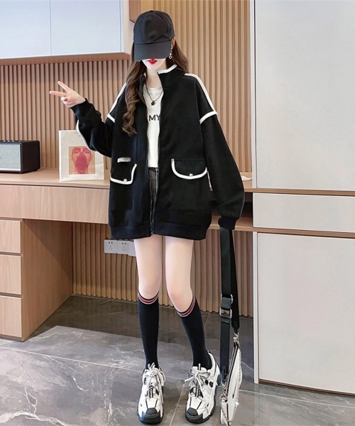 Miniministore(ミニミニストア)の「ジップアップパーカー 裏微起毛スウェット(パーカー・レディース・グレー/ブラック・FREE)」の4枚目の写真