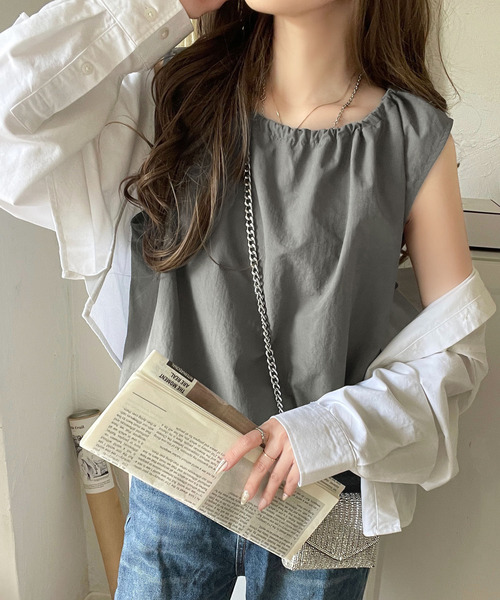 セール】1枚でサマになる。ナイロンバルーンノースリーブトップス