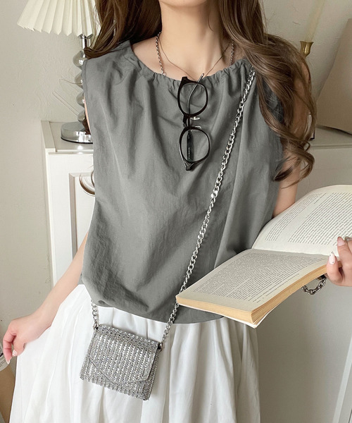 セール】1枚でサマになる。ナイロンバルーンノースリーブトップス