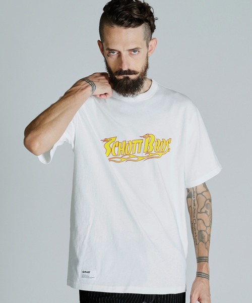 Schott(ショット)の「Schott/ショット/T-SHIRT FLAME LOGO/フレイムロゴ Tシャツ(Tシャツ/カットソー・メンズ・ホワイト/ブラック/ネイビー・2XL/XL/L/M)」の1枚目の写真