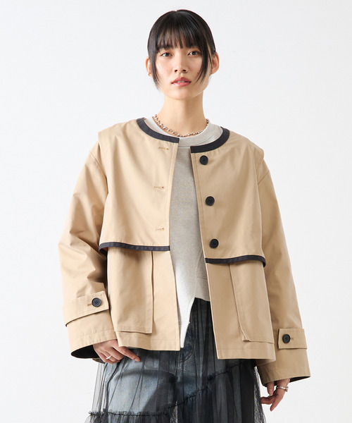 SOFFITTO(ソフィット)の「2枚着てる風配色パイピング短丈コート(その他アウター・レディース・ネイビー/ベージュ系その他/ブルー系その他・FREE)」の2枚目の写真