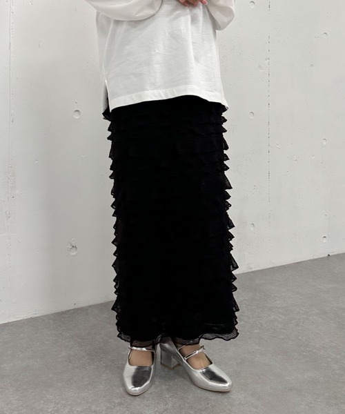 archives（アルシーヴ）の「フリルメッシュタイトスカート（スカート・レディース・オフホワイト/ブラック・MEDIUM）」の4枚目の写真