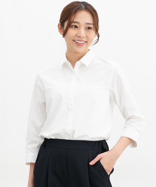 Honeys(ハニーズ)の「【らくらくアイロン】らくらく伸縮7分袖シャツ(ビジネスシャツ・レディース・ホワイト/ネイビー/ホワイト×ブルー/グレー系その他/ブルー系その他3/サックスブルー/ホワイト×パープル・3L/L/LL/M/S)」の12枚目の写真